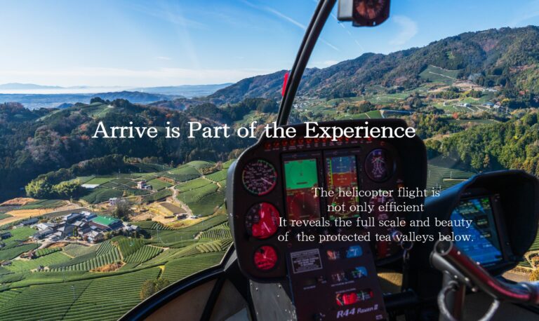 The helicopter flight is not only efficient It reveals the full scale and beauty of the protected tea valleys below.
